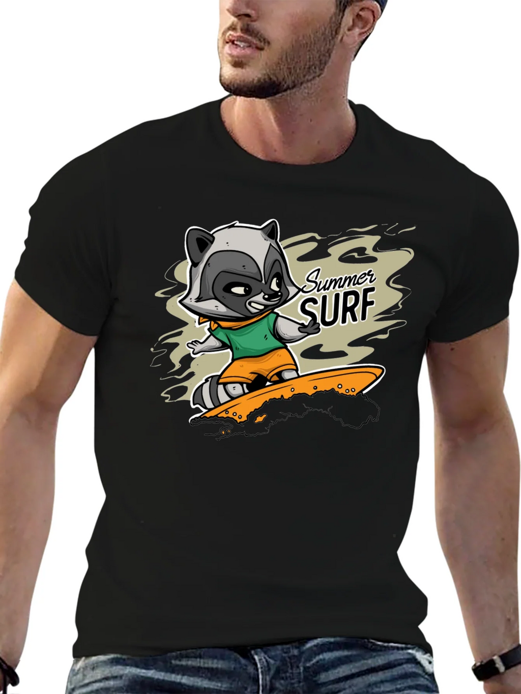 Raccoon Summer Surf Graphic T-Shirt product image 6
