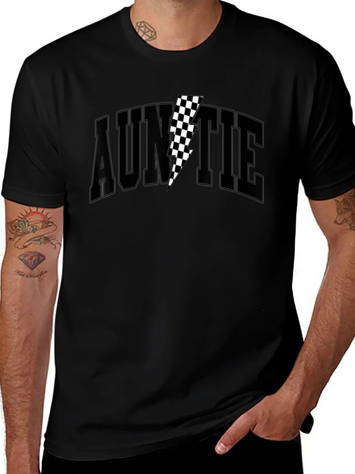 Auntie Black T-Shirt with Checkered Lightning Bolt product image 1