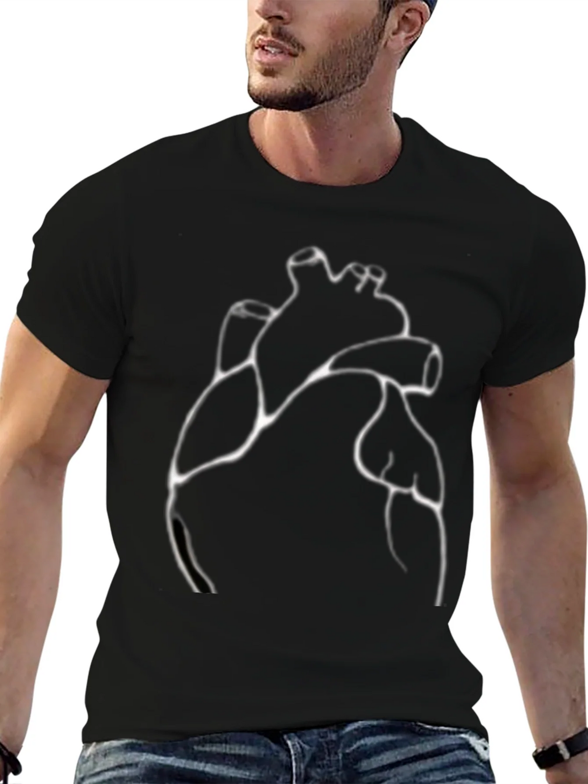 Anatomical Heart Line Art Black T-Shirt product image 6