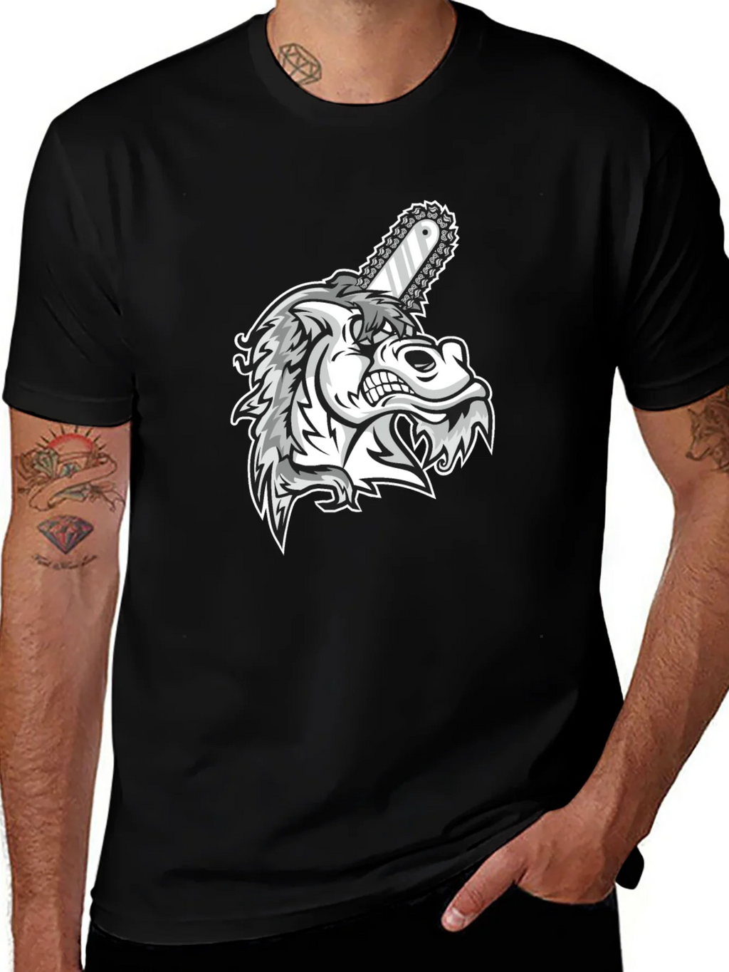 Mens Black Graphic Tee - Wolf with Chainsaw product image 1