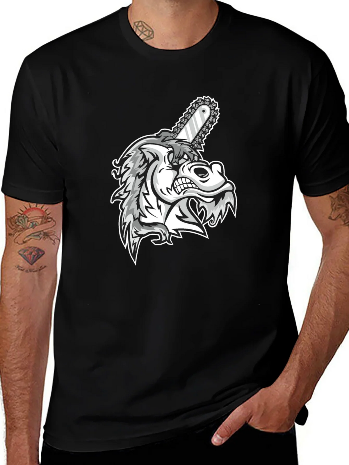 Mens Black Graphic Tee - Wolf with Chainsaw product image 1