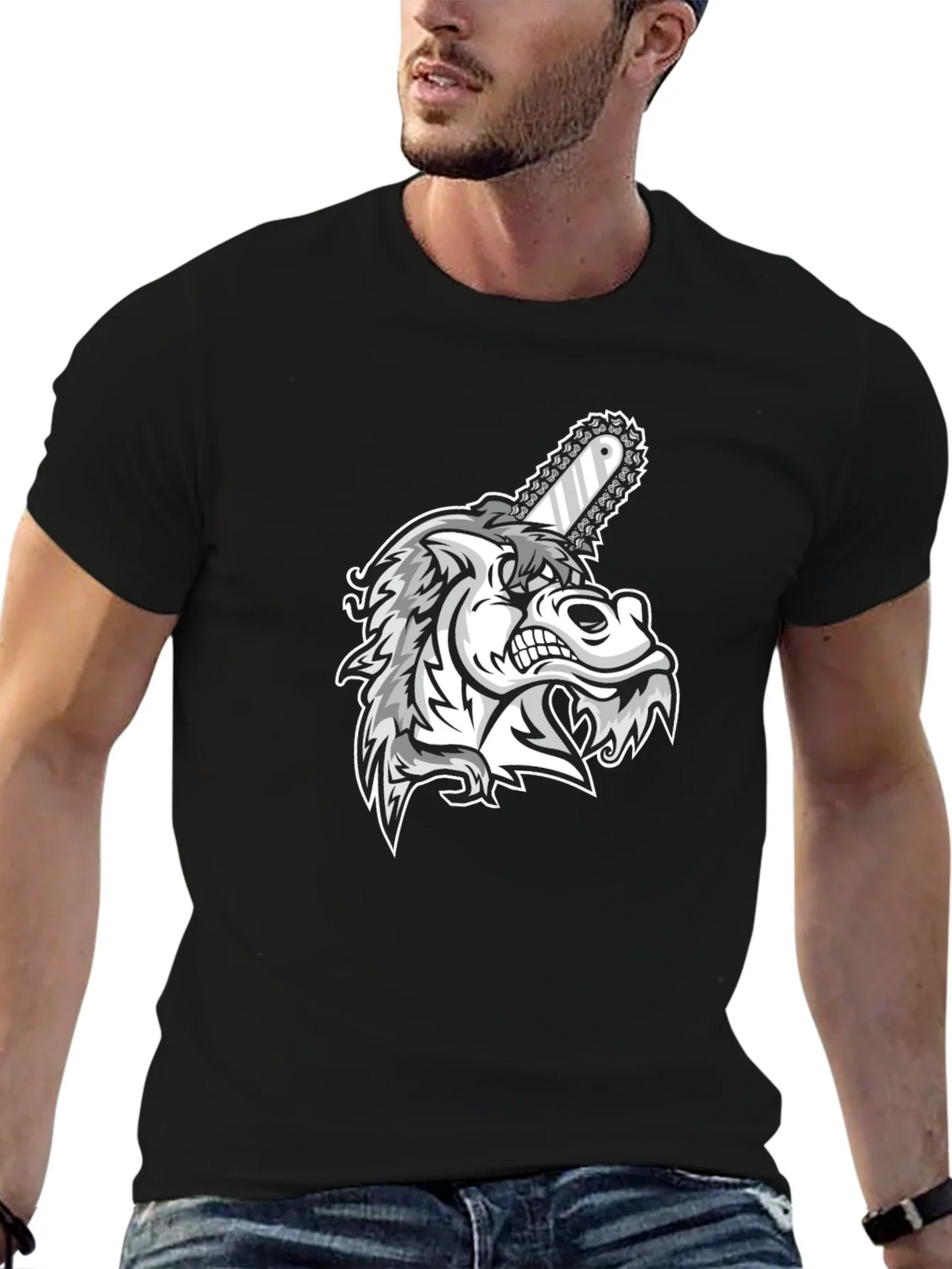 Mens Black Graphic Tee - Wolf with Chainsaw product image 6