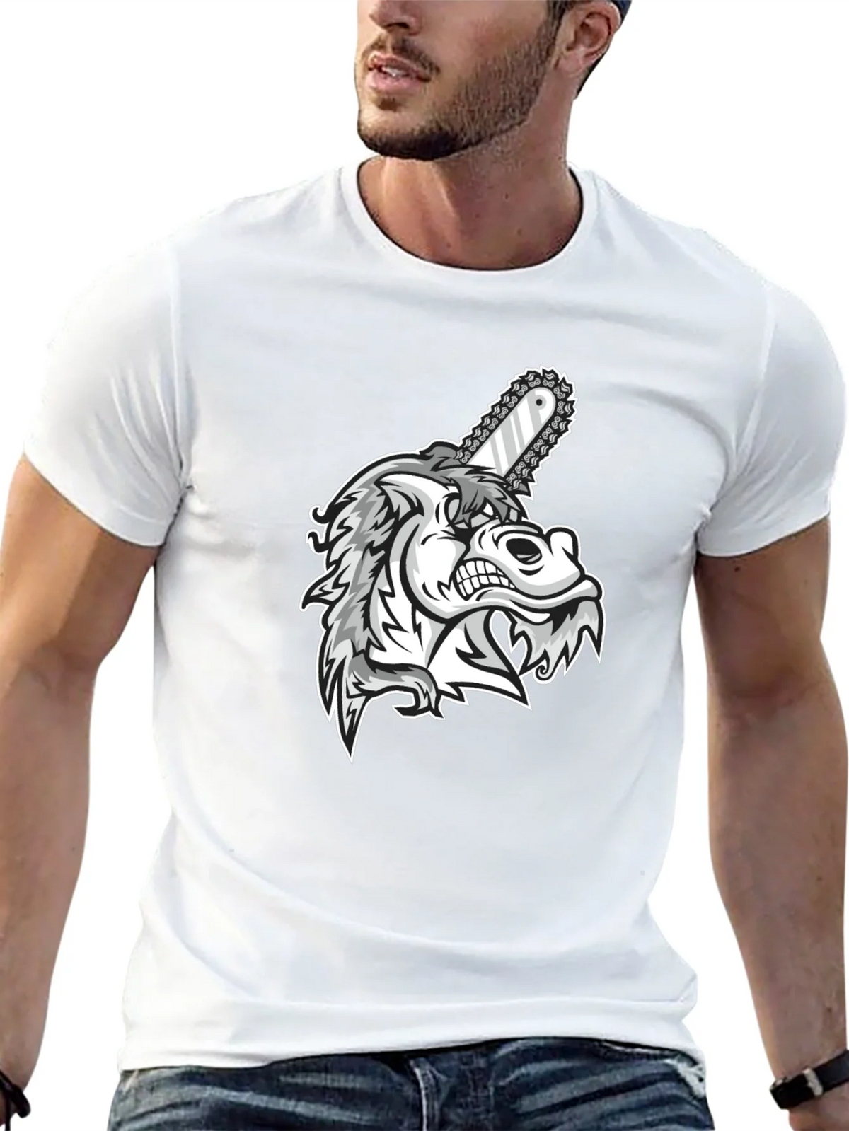 Mens Black Graphic Tee - Wolf with Chainsaw product image 12