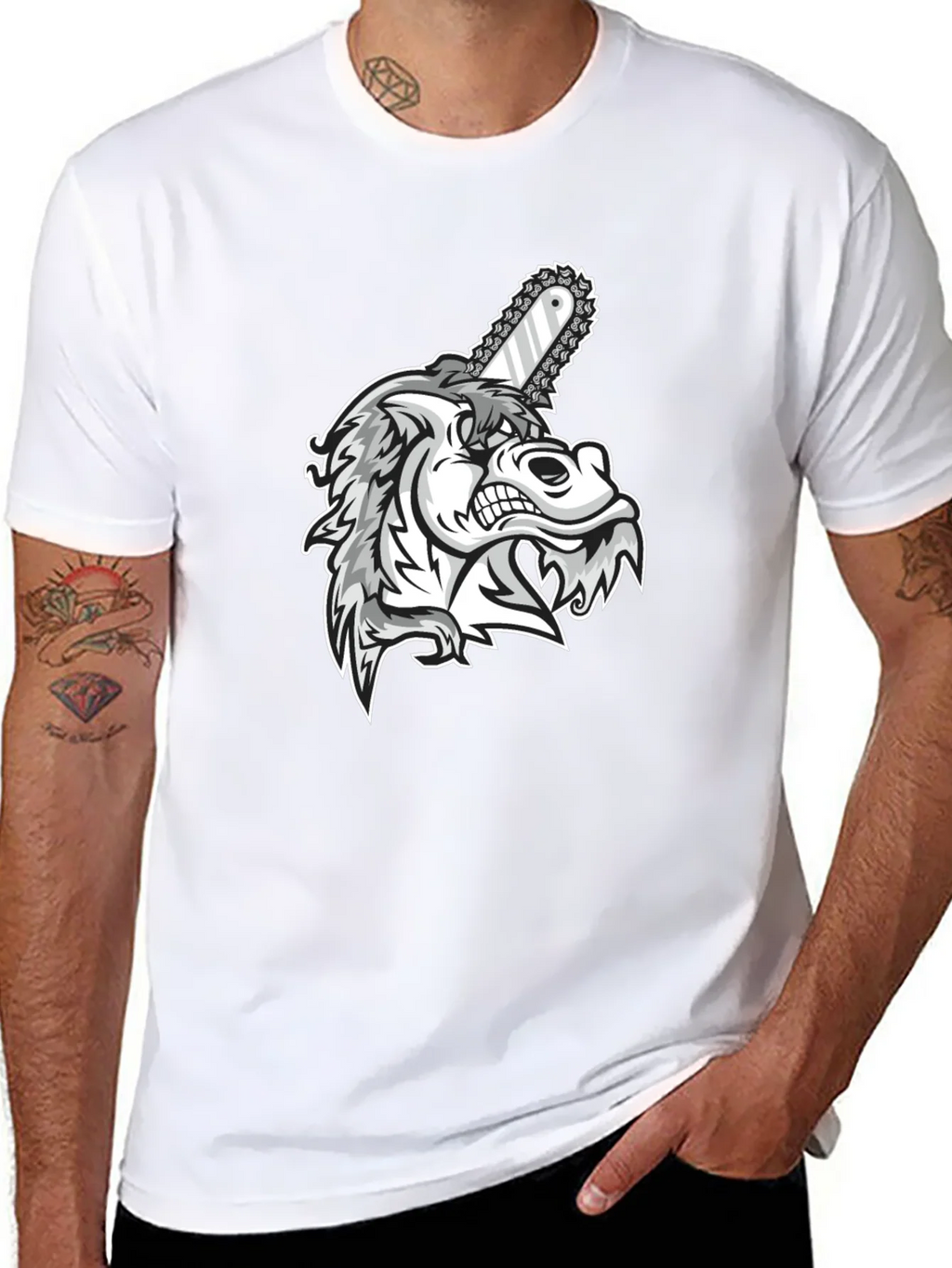 Mens Black Graphic Tee - Wolf with Chainsaw product image 7
