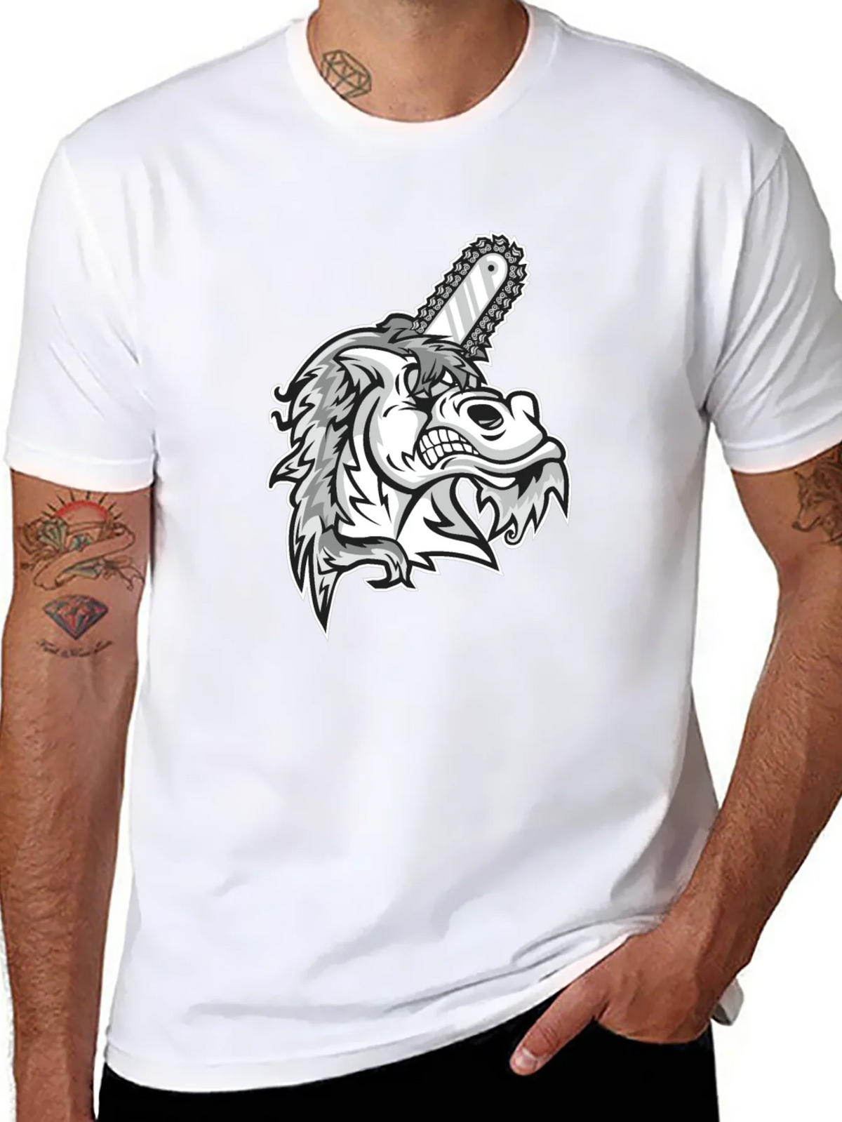 Mens Black Graphic Tee - Wolf with Chainsaw product image 7