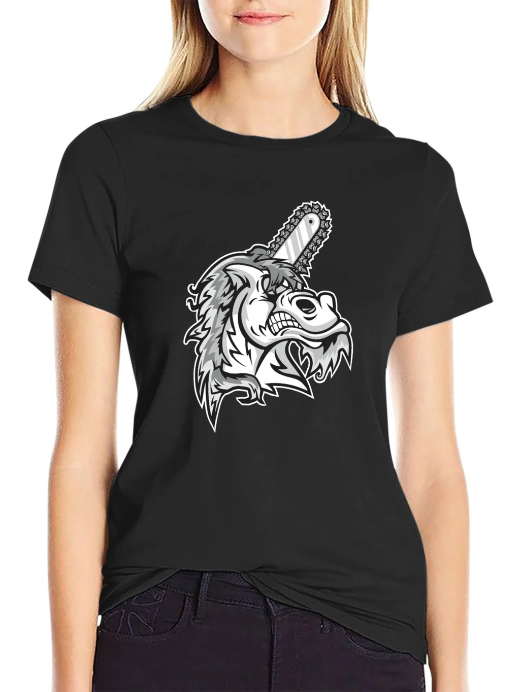 Mens Black Graphic Tee - Wolf with Chainsaw product image 2