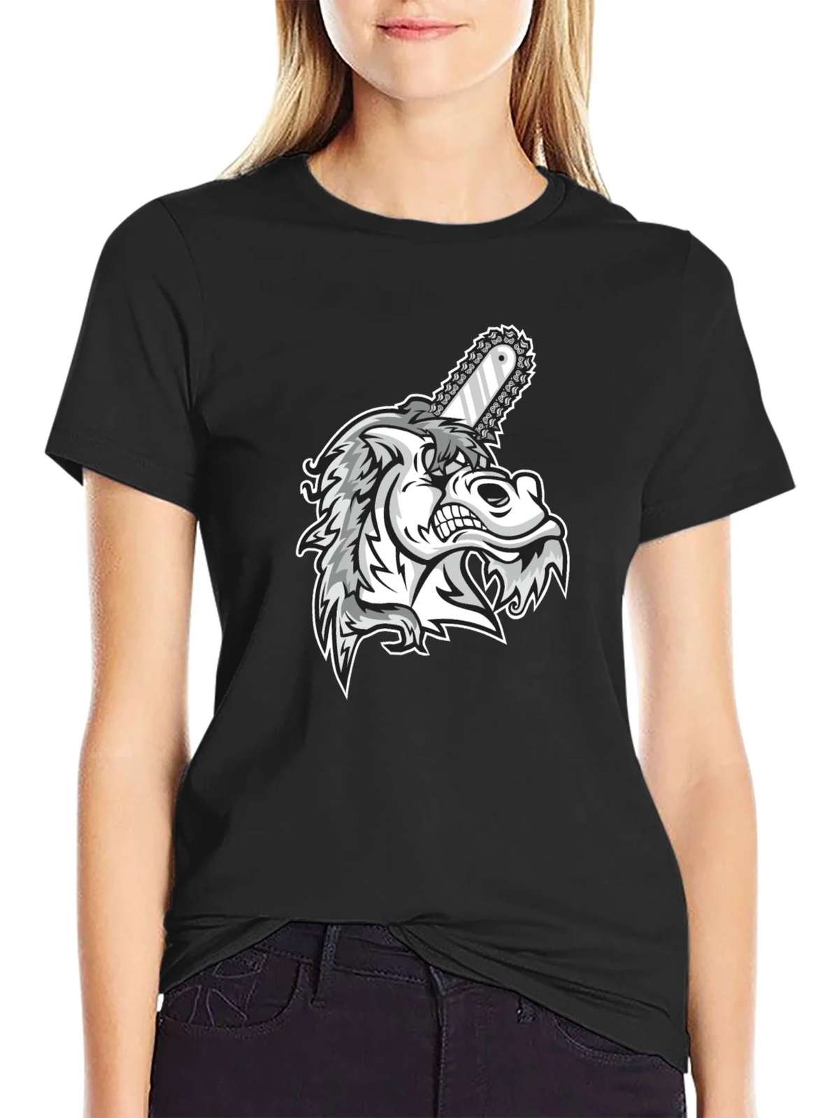 Mens Black Graphic Tee - Wolf with Chainsaw product image 2