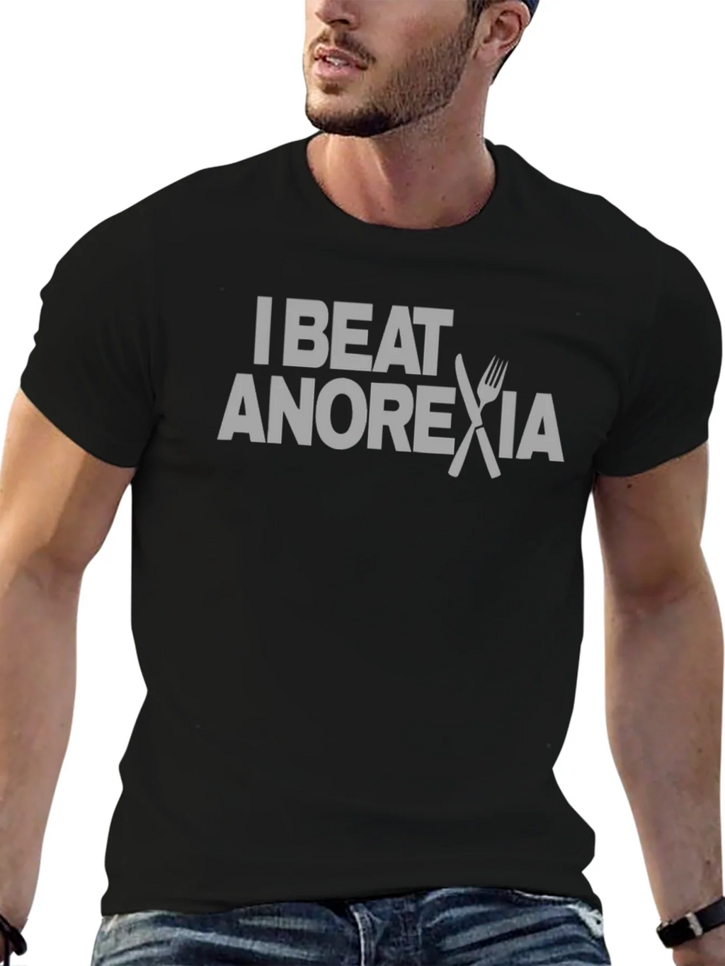 I Beat Anorexia Graphic Tee - Black Crew Neck T-Shirt product image 6