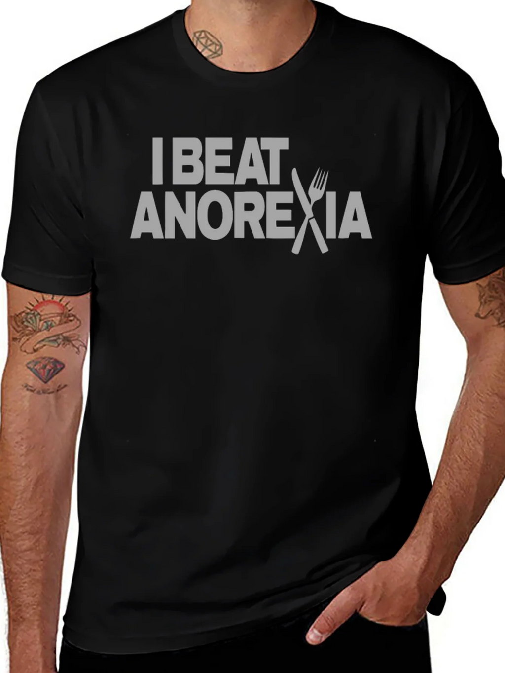 I Beat Anorexia Graphic Tee - Black Crew Neck T-Shirt product image 1