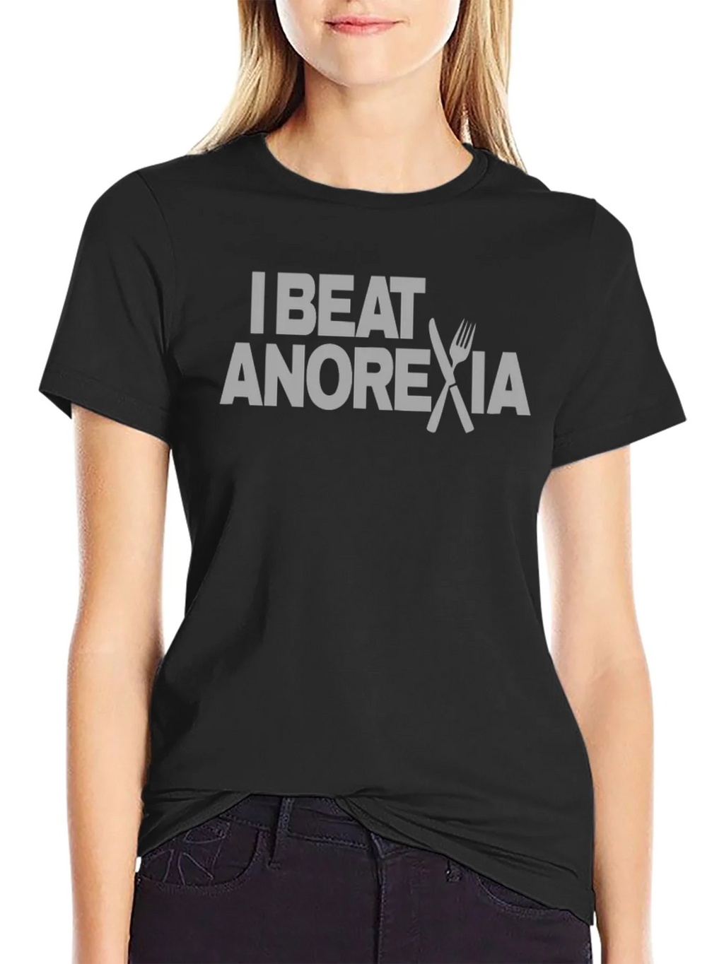 I Beat Anorexia Graphic Tee - Black Crew Neck T-Shirt product image 2