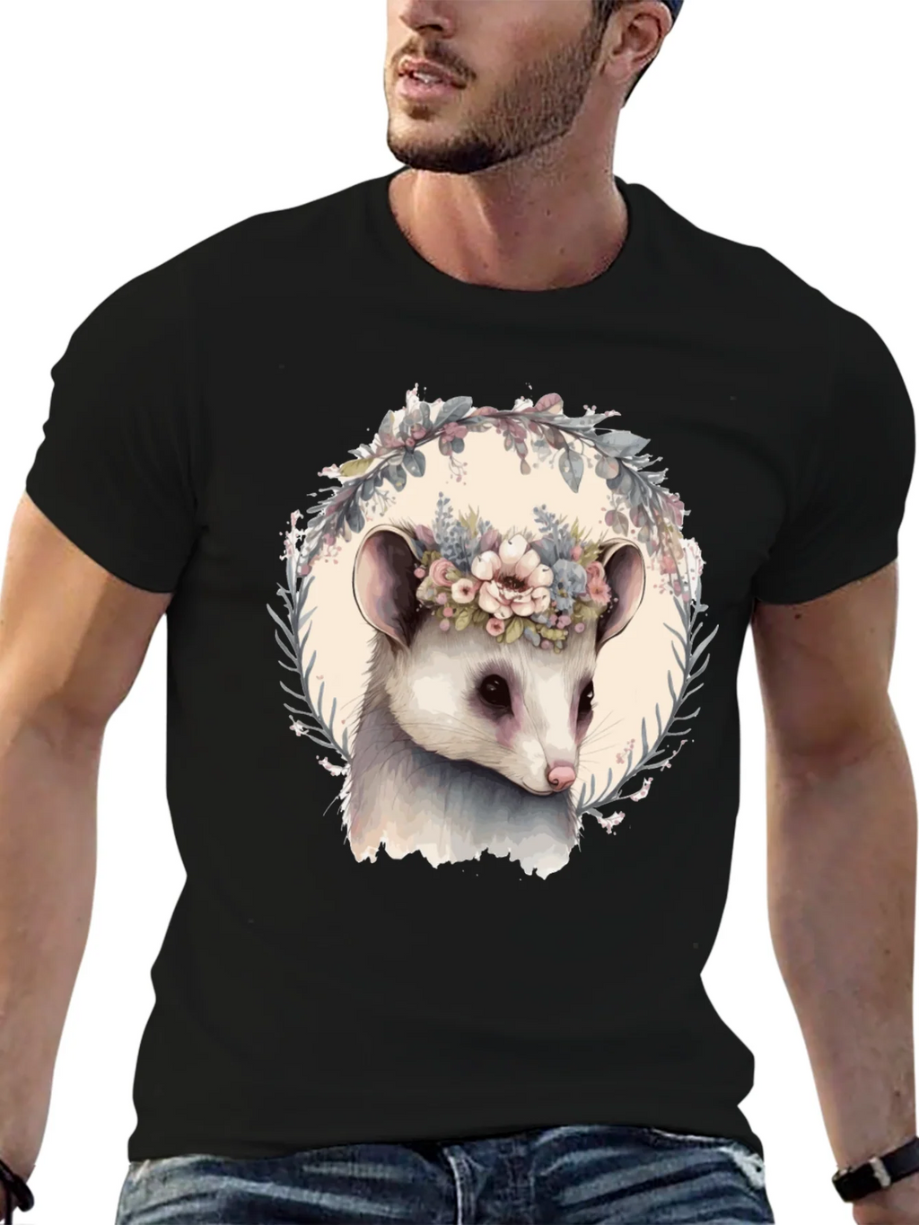 Opossum Floral Wreath T-Shirt - Unique Animal Tee product image 6