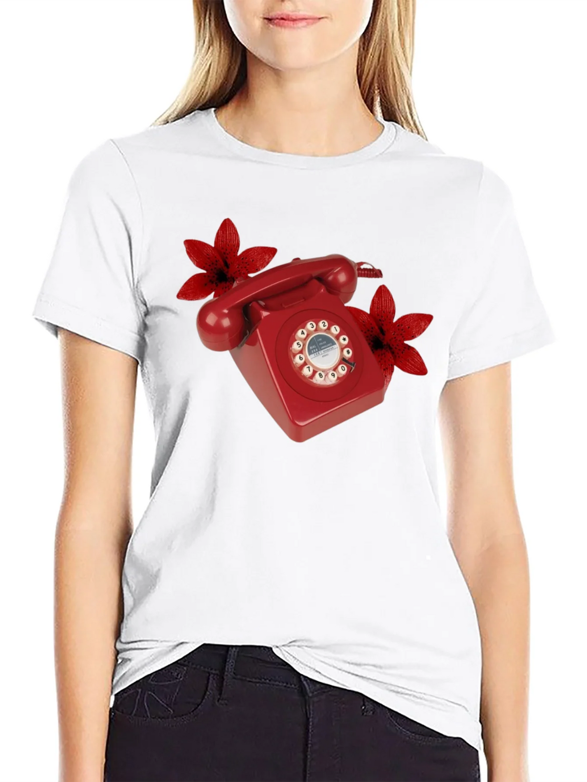 Retro Red Rotary Phone Floral T-Shirt product image 8