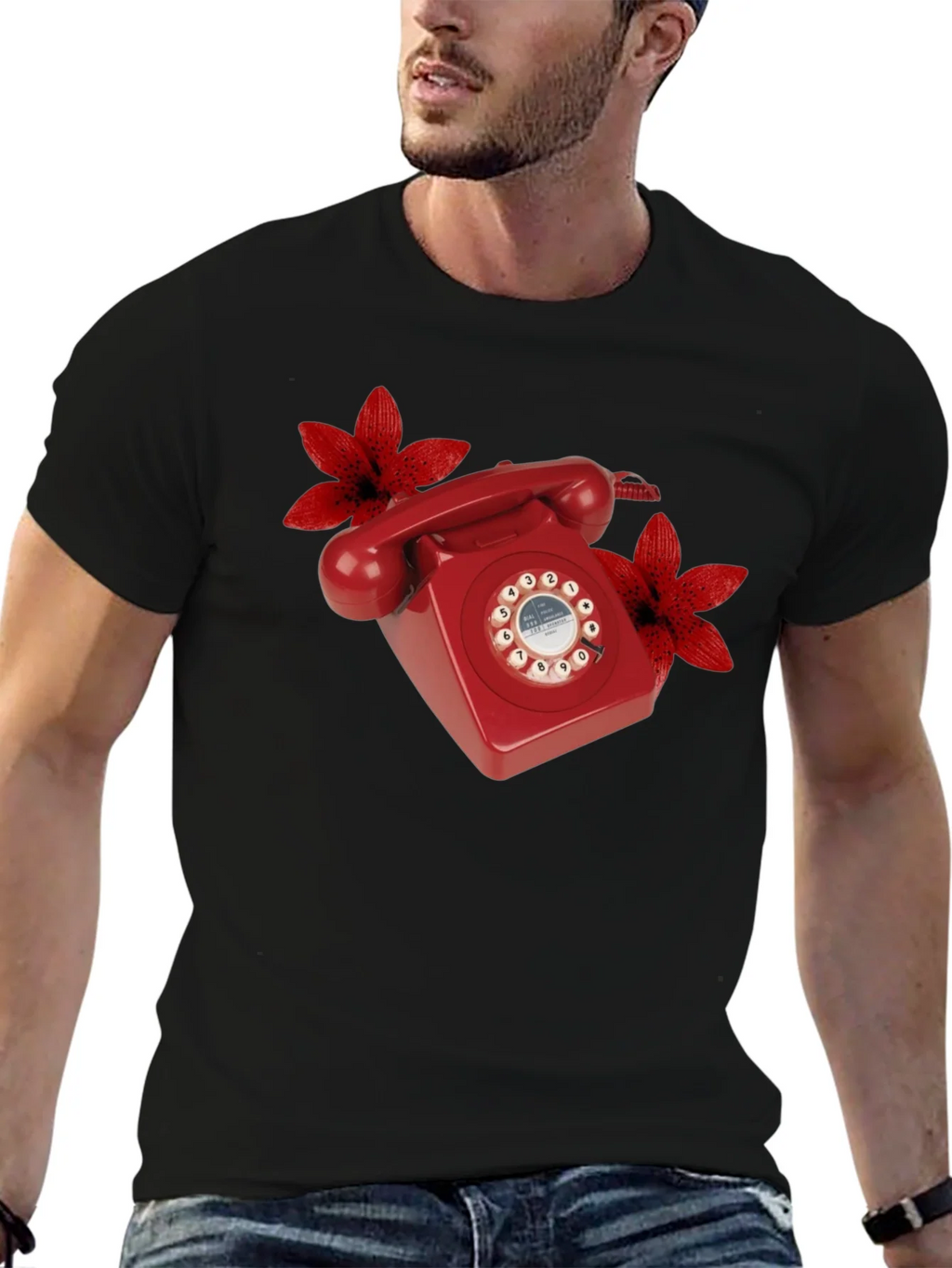 Retro Red Rotary Phone Floral T-Shirt product image 6