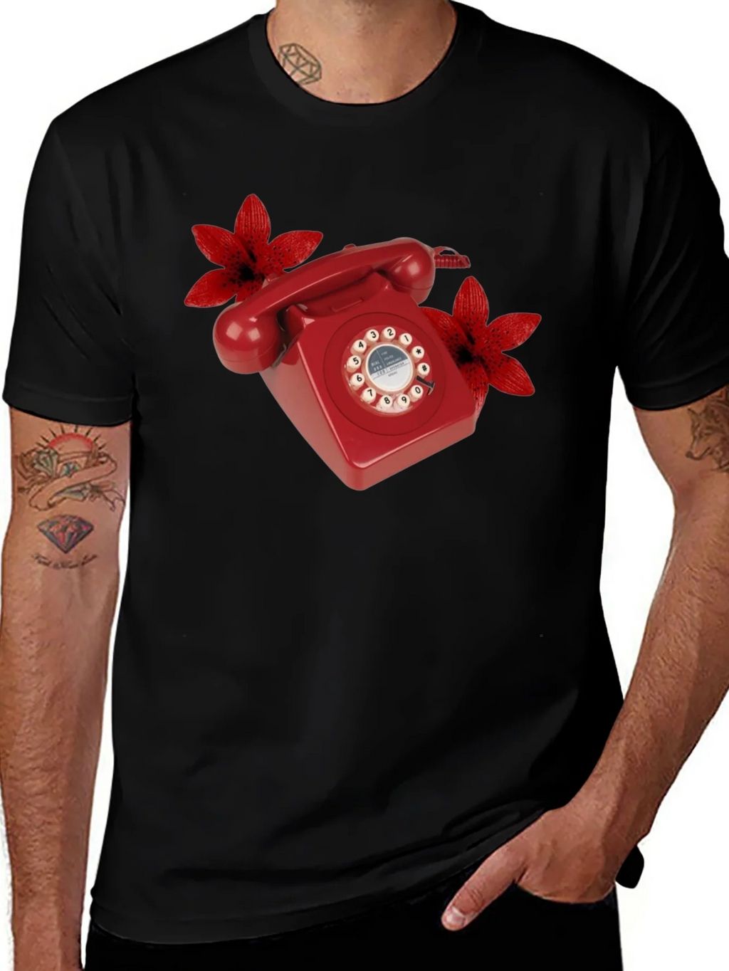 Retro Red Rotary Phone Floral T-Shirt product image 1