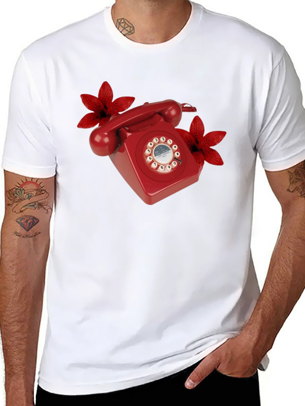 Retro Red Rotary Phone Floral T-Shirt product image 7