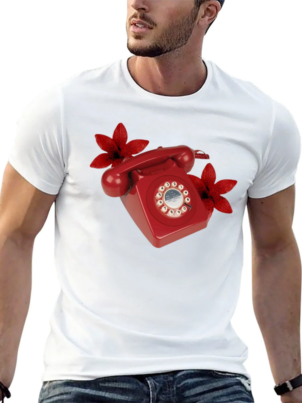 Retro Red Rotary Phone Floral T-Shirt product image 12
