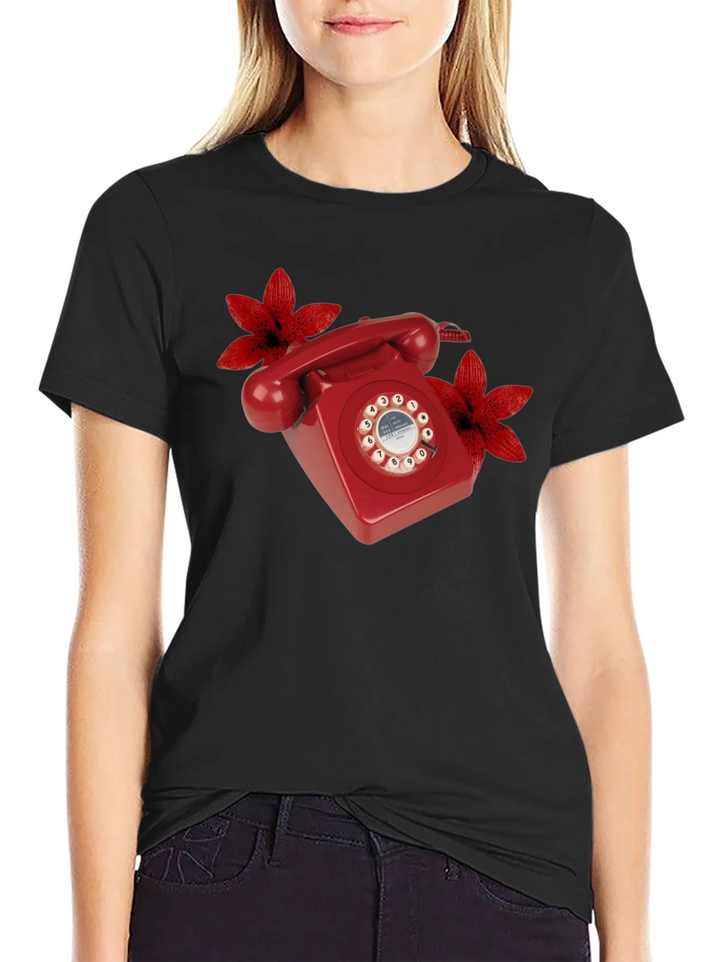 Retro Red Rotary Phone Floral T-Shirt product image 2