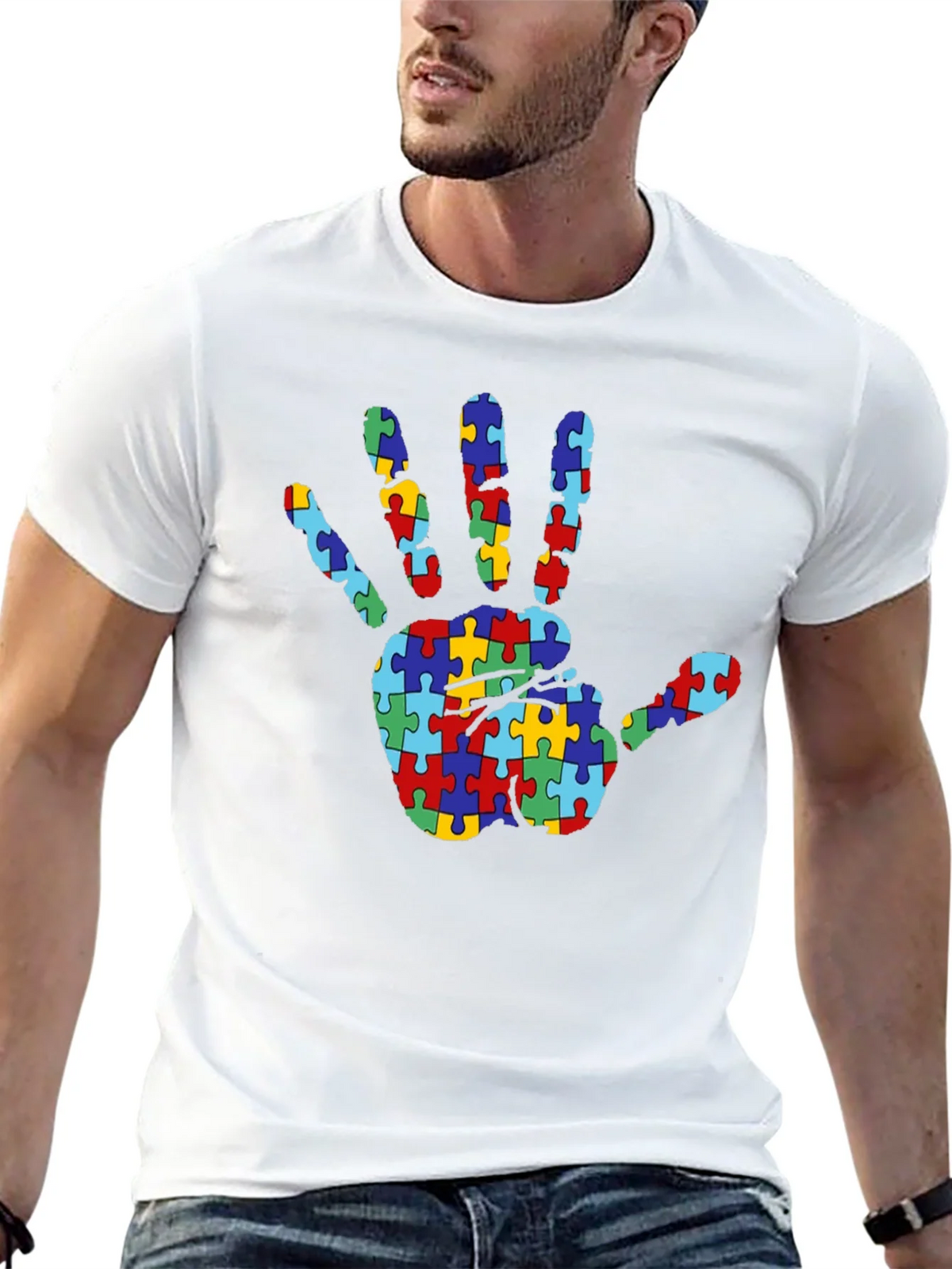 Autism Awareness Puzzle Hand T-Shirt - Black product image 12