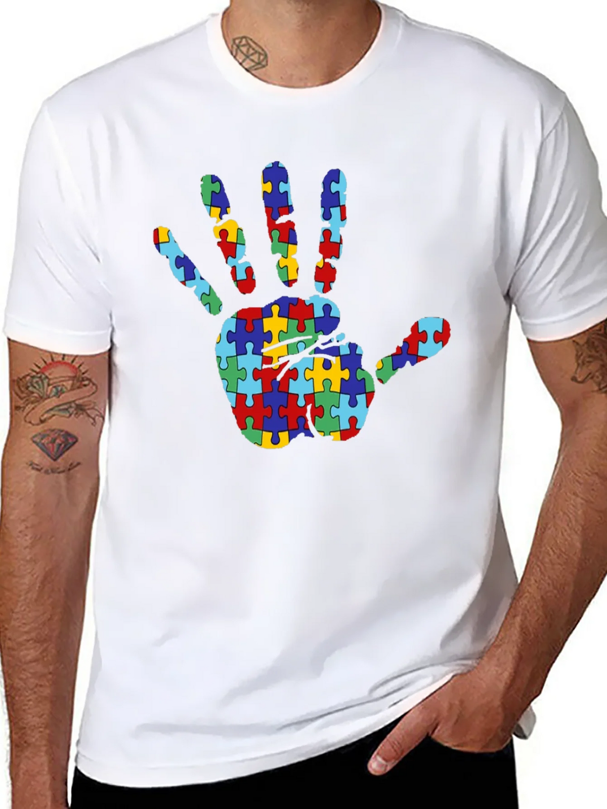 Autism Awareness Puzzle Hand T-Shirt - Black product image 7