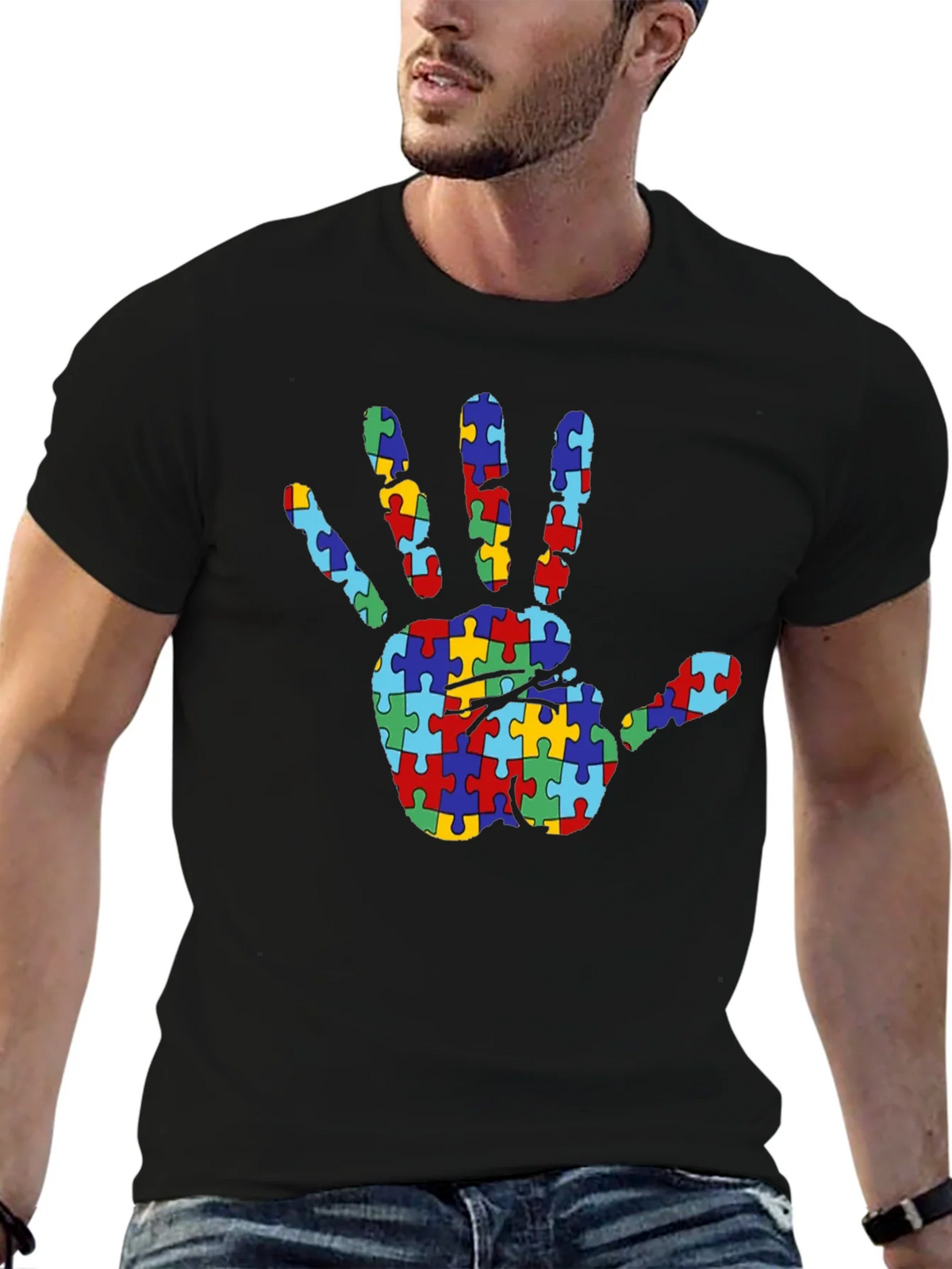 Autism Awareness Puzzle Hand T-Shirt - Black product image 6