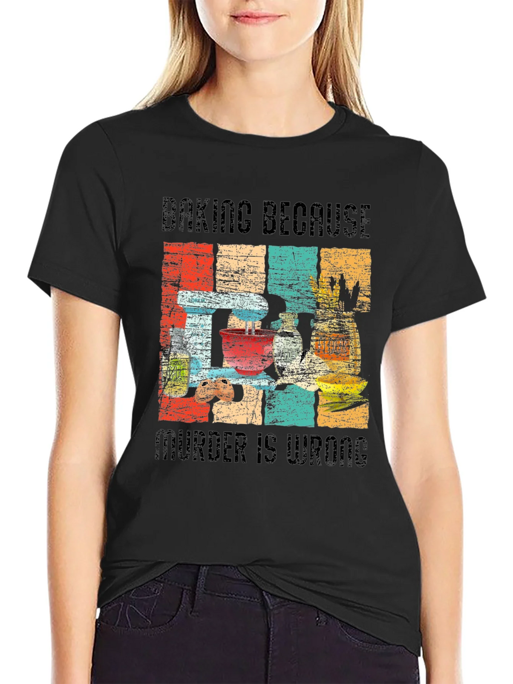 Baking Because Murder is Wrong Funny Retro T-Shirt product image 2