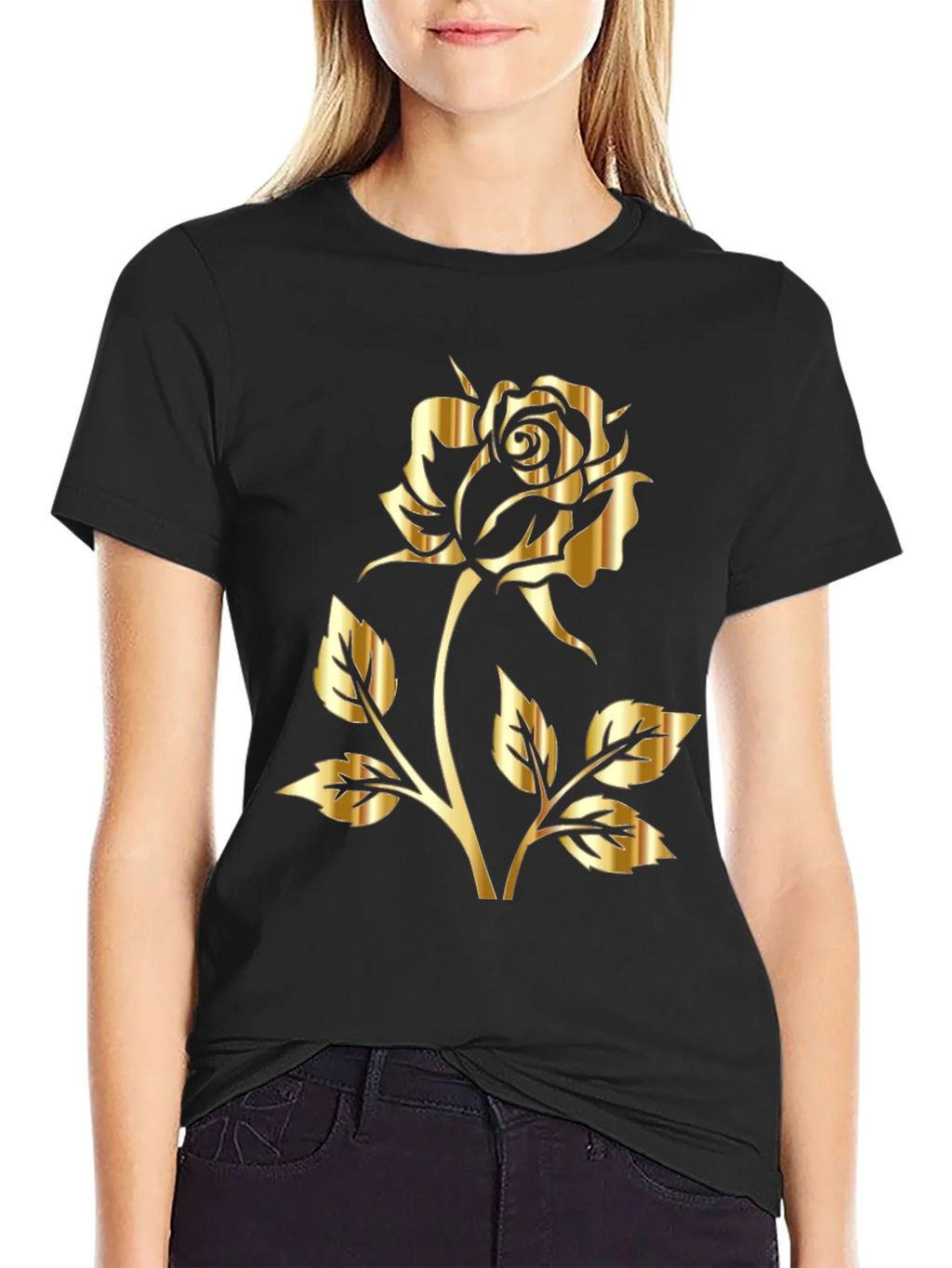 Black T-Shirt with Gold Rose Graphic Print product image 2