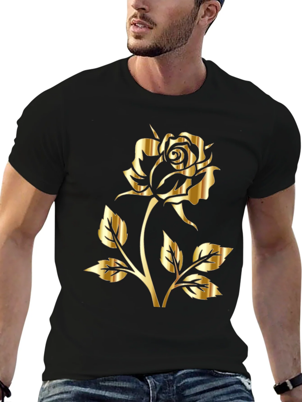 Black T-Shirt with Gold Rose Graphic Print product image 6