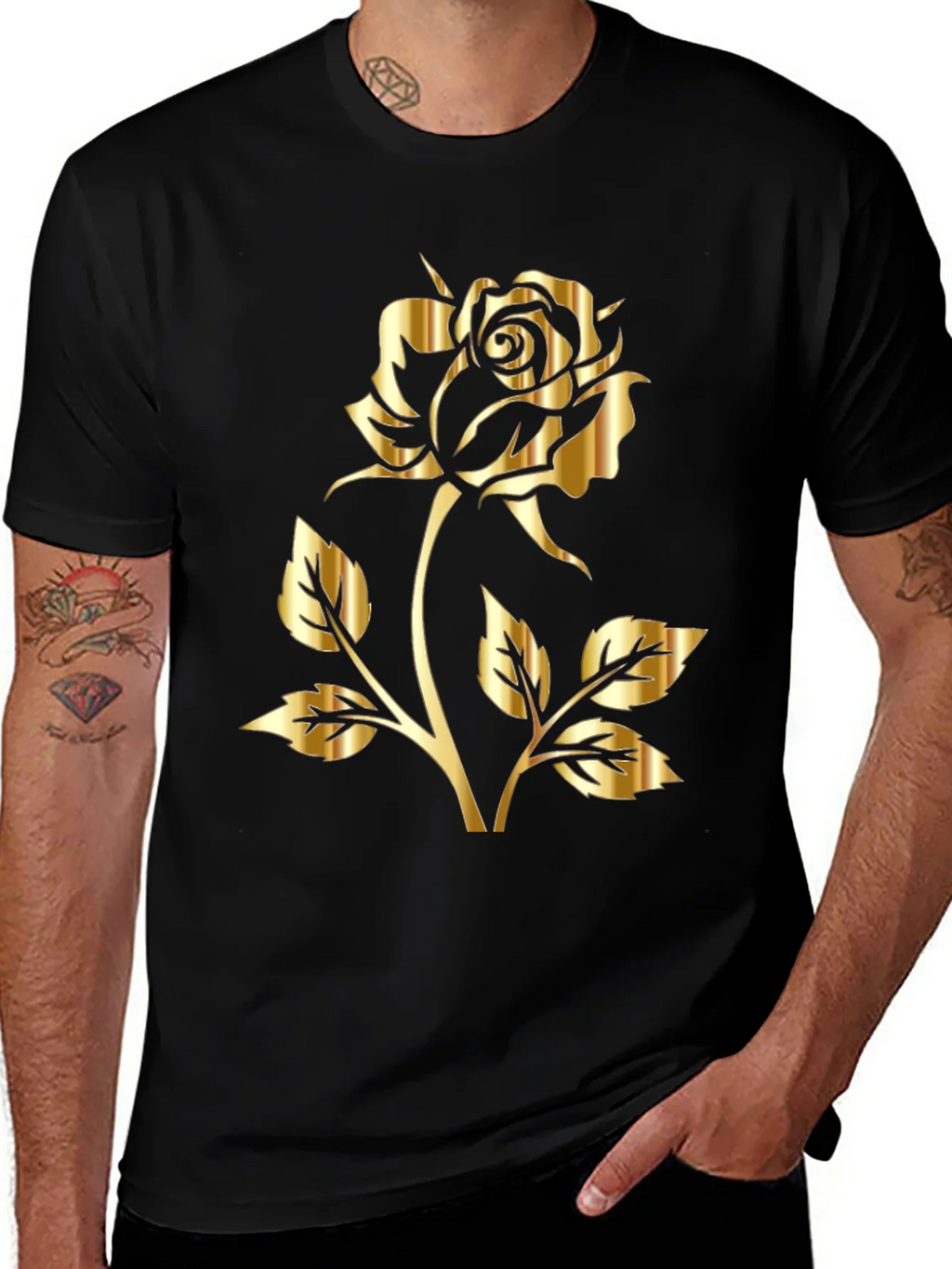 Black T-Shirt with Gold Rose Graphic Print product image 1
