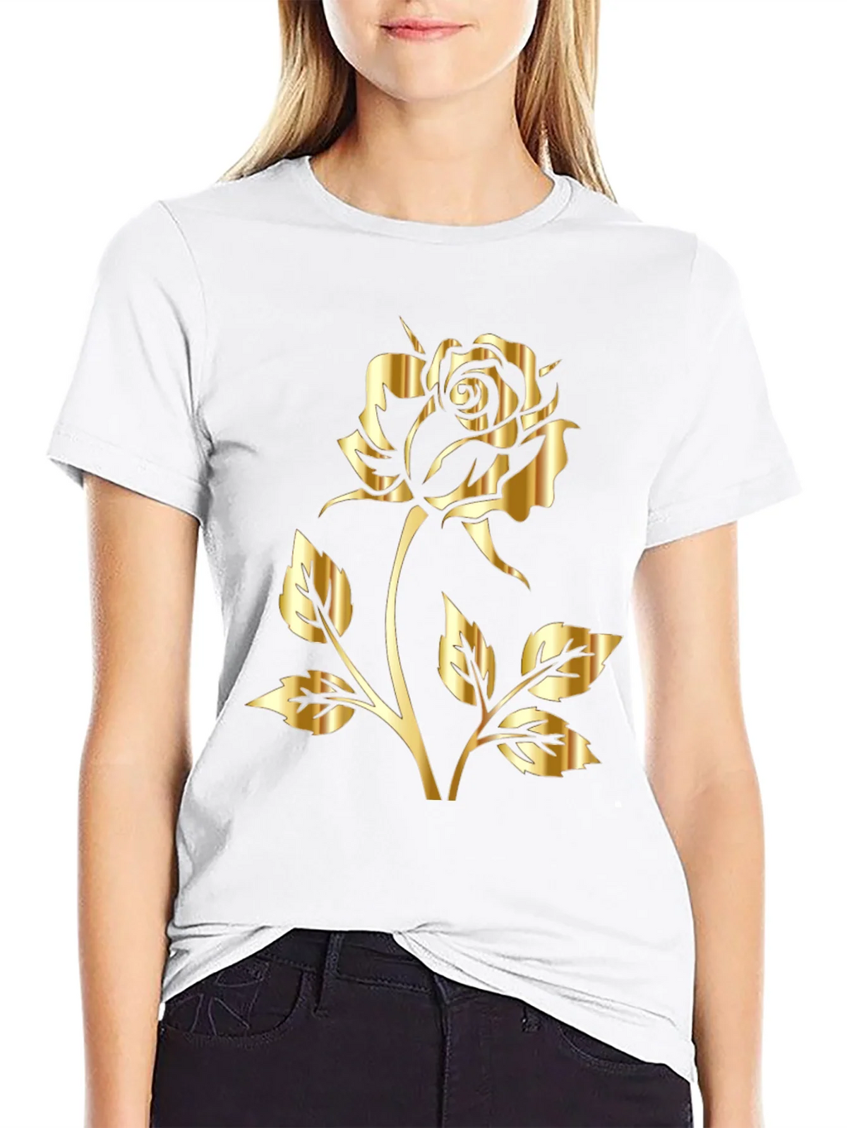 Black T-Shirt with Gold Rose Graphic Print product image 8