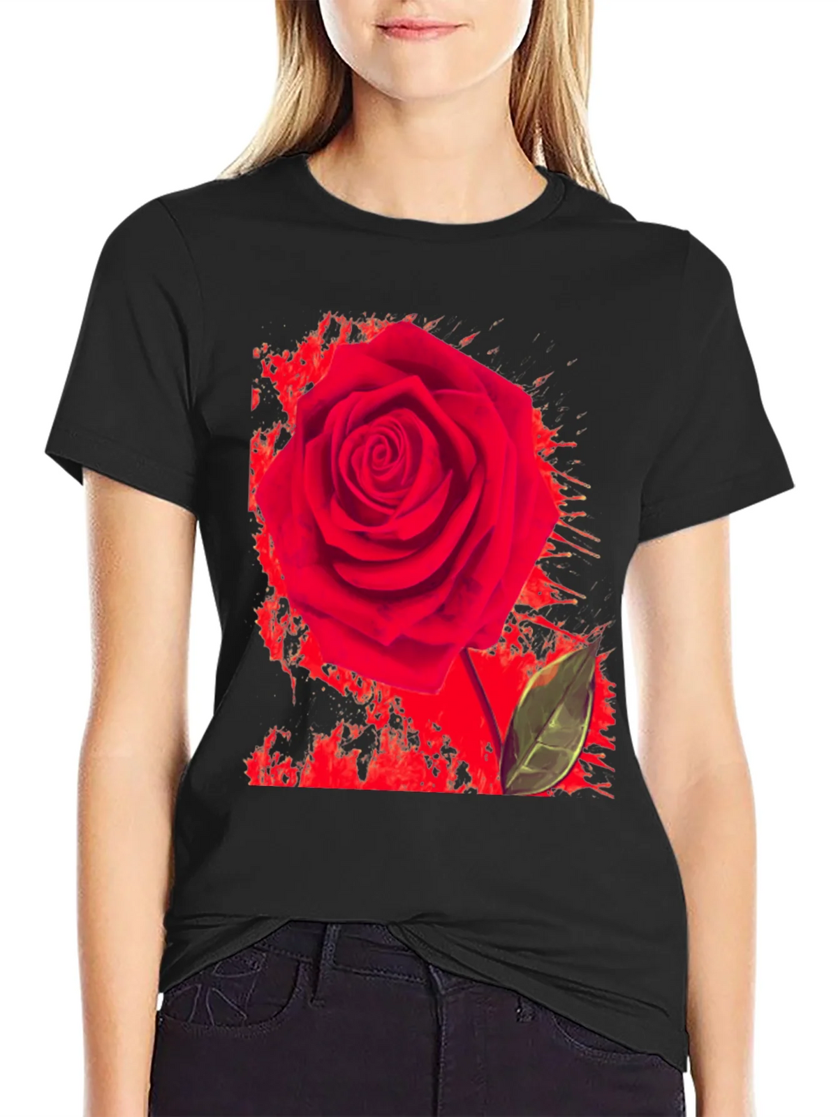 Red Rose Graphic Print T-Shirt - Casual Black Tee product image 2