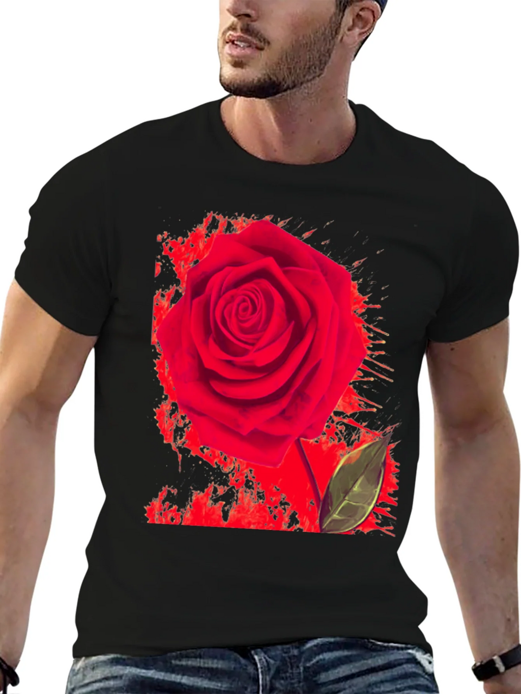 Red Rose Graphic Print T-Shirt - Casual Black Tee product image 6