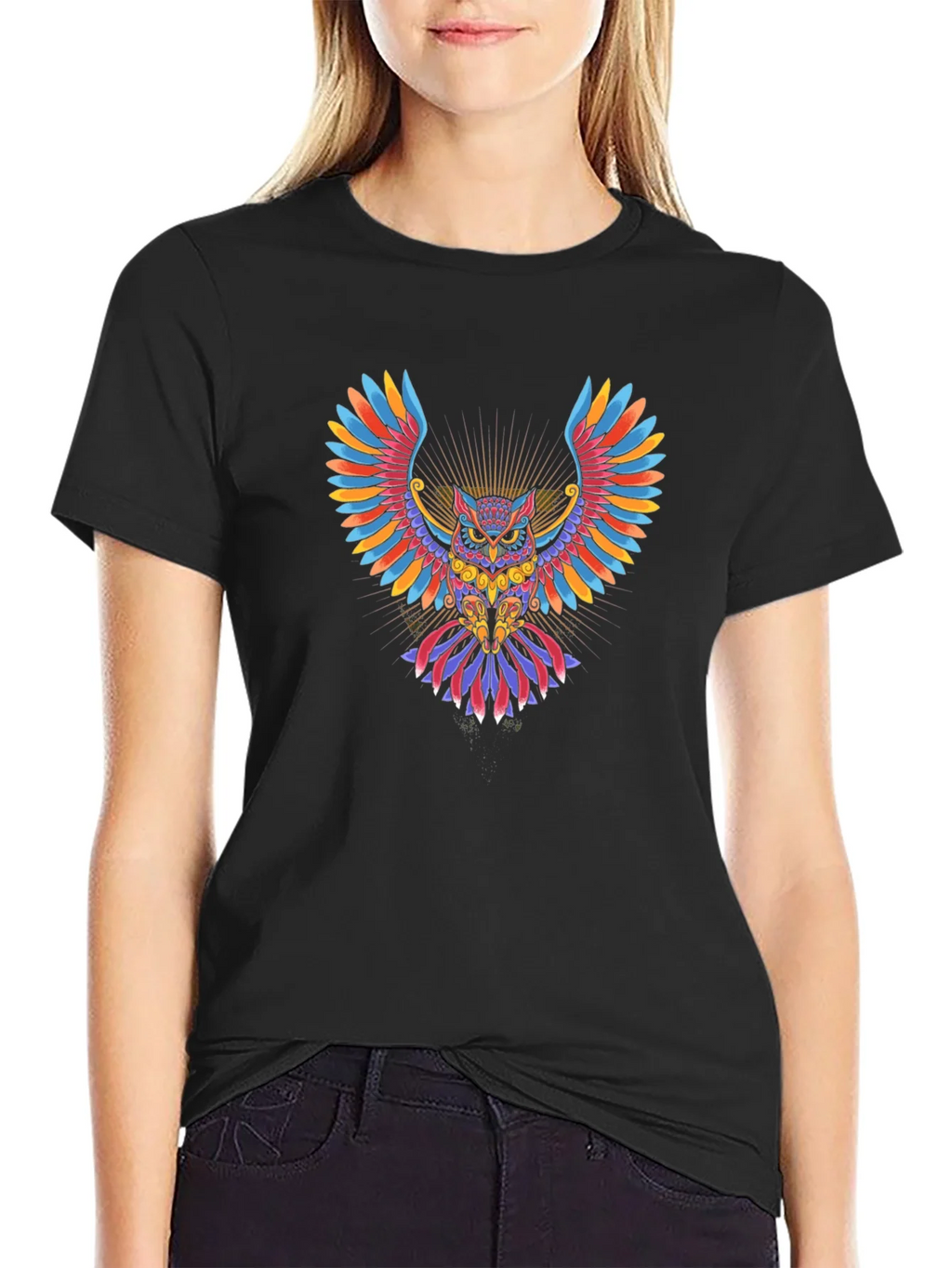 Colorful Owl Graphic Black T-Shirt product image 2