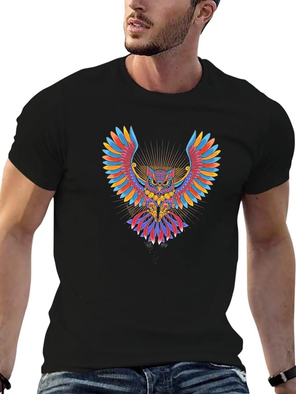 Colorful Owl Graphic Black T-Shirt product image 6