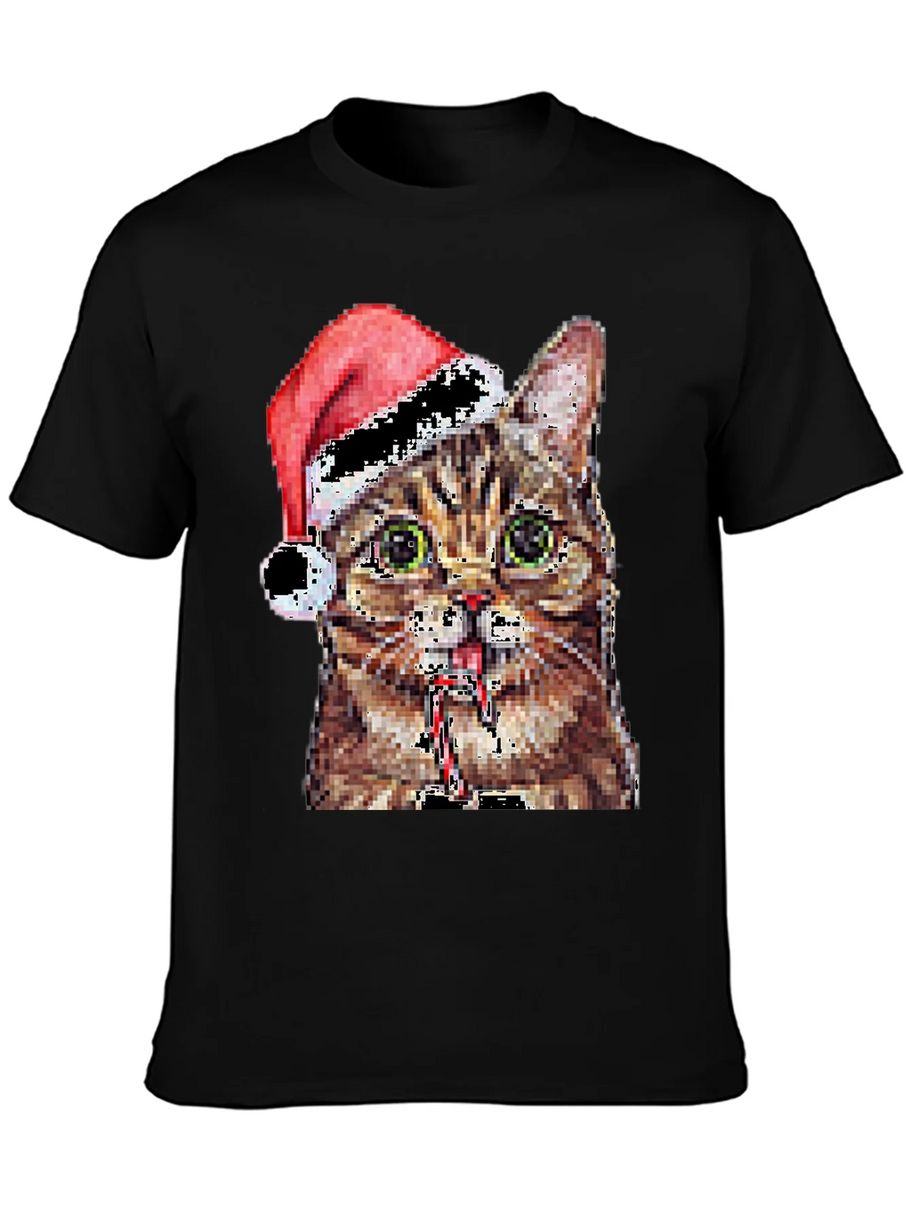 Pixelated Cat with Santa Hat Black T-Shirt