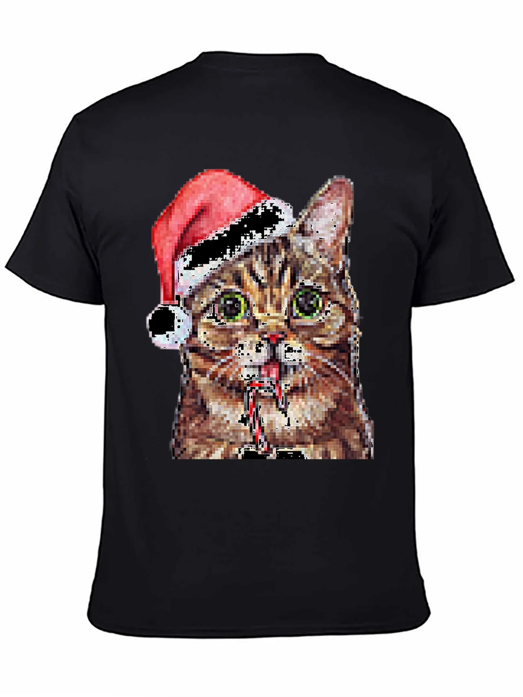 Pixelated Cat with Santa Hat Black T-Shirt