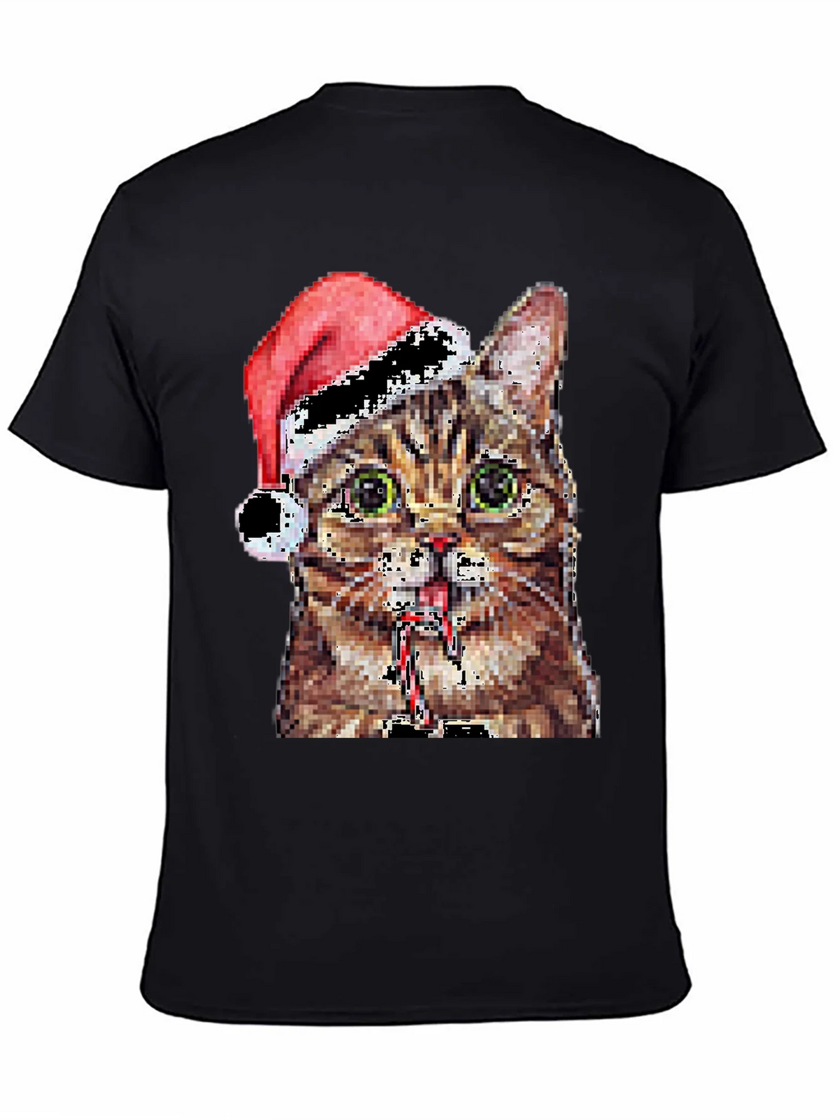 Pixelated Cat with Santa Hat Black T-Shirt