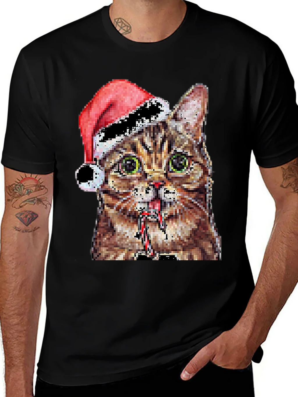 Pixelated Cat with Santa Hat Black T-Shirt